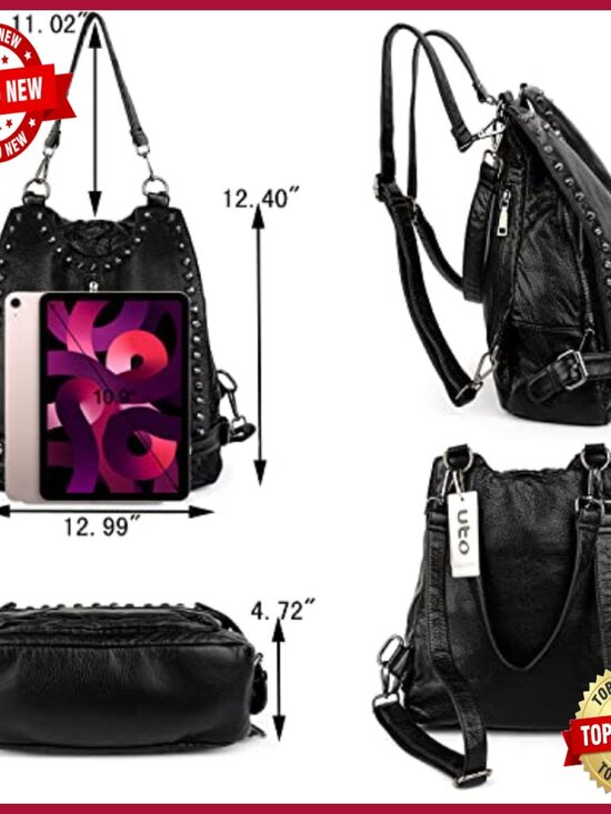 Convertible Backpack Purse with Rivet Studs, Waterproof PU Leather, Large
